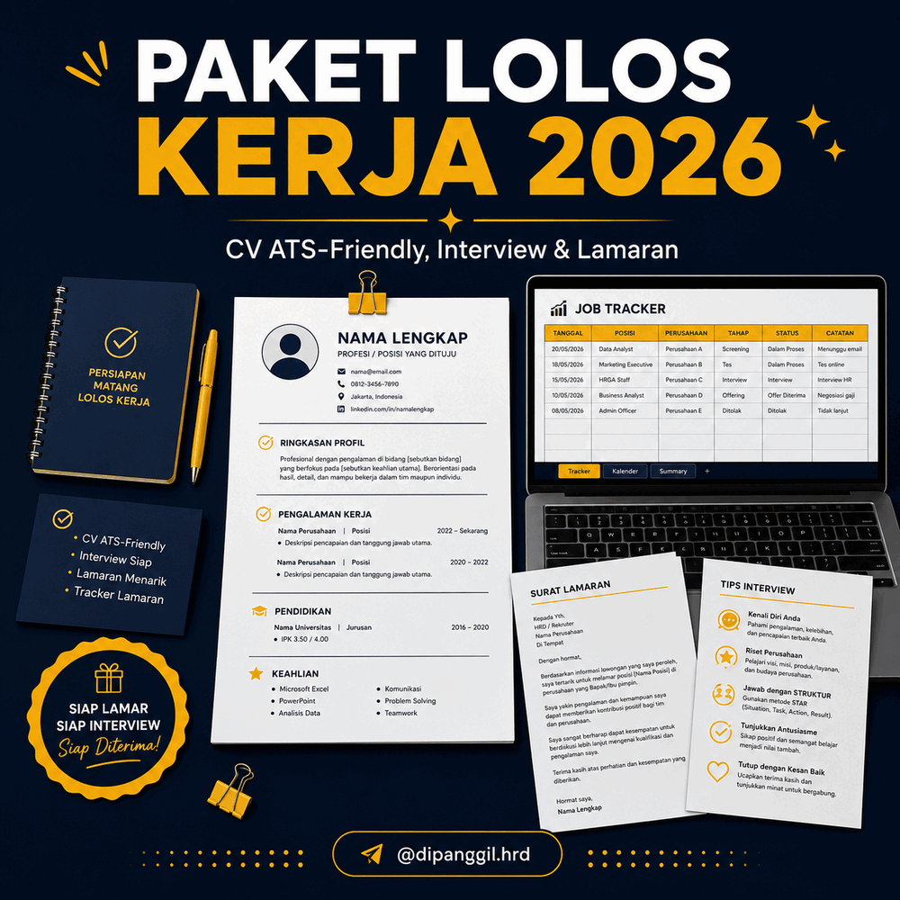 Isi Paket Lolos Kerja 2026: template CV ATS-friendly, job tracker, surat lamaran, dan tips interview